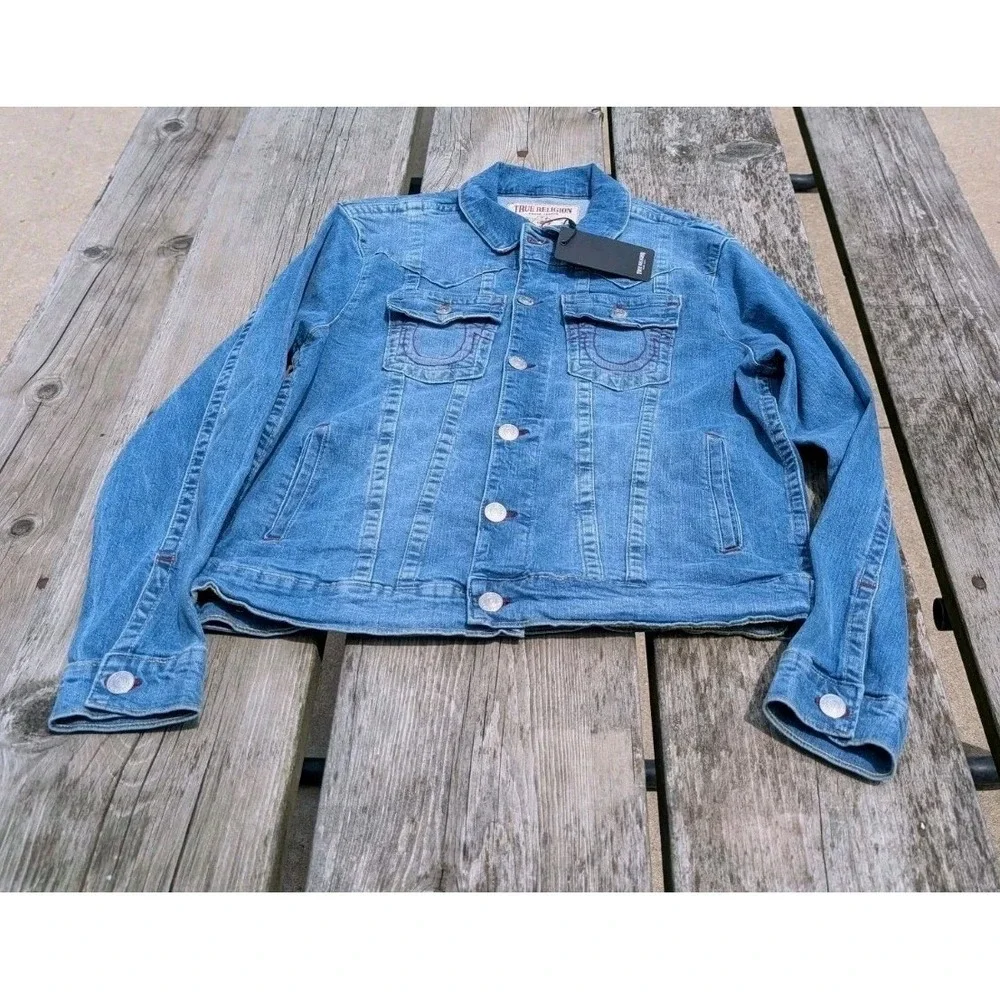 True Religion Men's Blue Stretch Denim Trucker Jacket  Pockets Sz Lrg NWT $159